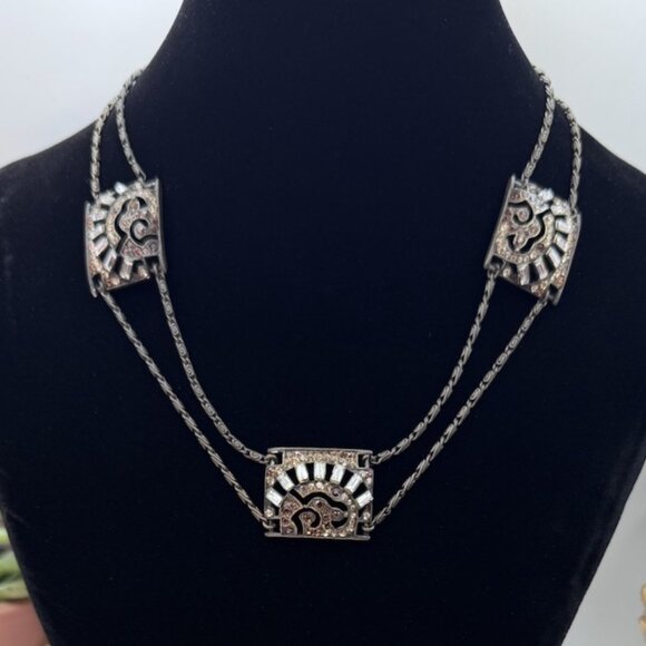 Rare Gorgeous Sweet Romance Art Deco Design Rhinestone Necklaces Brass Tone - Picture 3 of 11